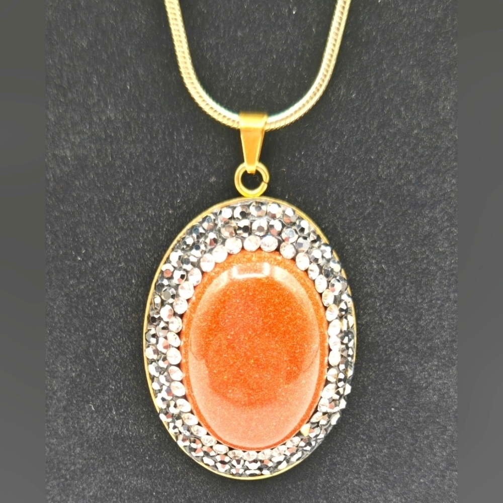 VINTAGE Brown Goldstone Oval Pendant w/ Rhinestone Detail Gold Tone